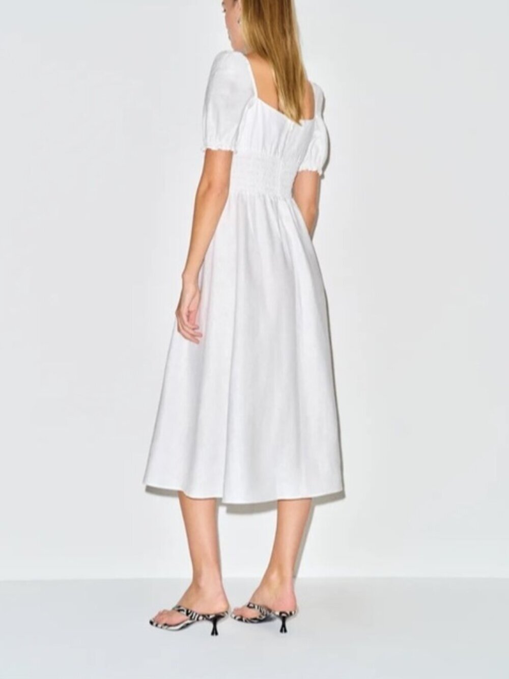 NEW Reformation Adler Linen Midi Smocked Puff Sleeve Dress White | US 2 UK 6 - Picture 4 of 12